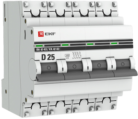 mcb4763-4-25D-pro Автоматический выключатель 4P 25А (D) 4,5kA ВА 47-63 EKF PROxima