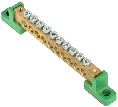 sn0-125-10-2-pe Шина "0" PE 8x12мм 10 отверстий латунь с контактной пластиной 2 зелёных угловых изолятора EKF PROxima