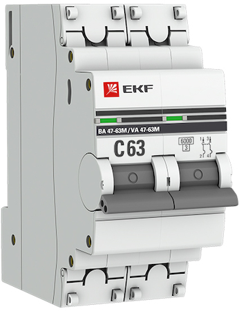 mcb4763m-6-2-63C-pro Автоматический выключатель 2P 63А (C) 6кА ВА 47-63M c электромагнитным расцепителем EKF PROxima