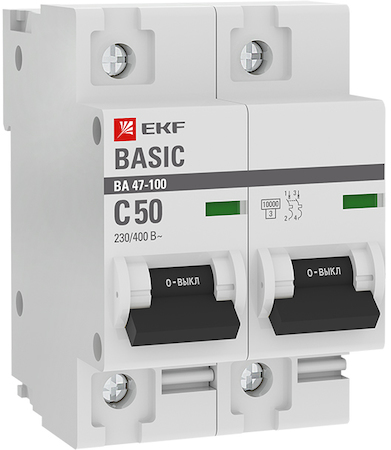 mcb47100-2-50C-bas Автоматический выключатель 2P  50А (C) 10kA ВА 47-100 EKF Basic