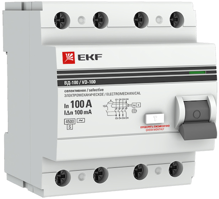 elcb-4-100-100S-em-pro Устройство защитного отключения селективное 4P 100А/100мА (электромеханическое) EKF PROxima