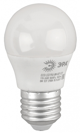 Фото Эра Б0030024 Лампа светодиодная LED P45-8W-827-E27(диод,шар,8Вт,тепл,E27)