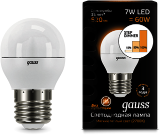 105102107-S Лампа Gauss LED Globe E27 7W 3000K step dimmable 1/10/100