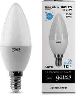 33138 Лампа Gauss LED Elementary Candle 8W E14 6500K 1/10/100