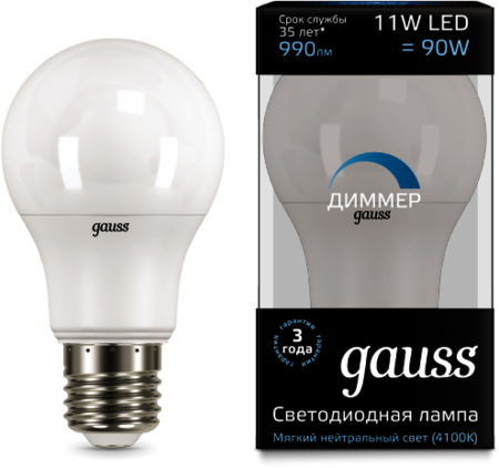 102502211-D Лампа Gauss LED A60-dim E27 11W 4100К диммируемая 1/10/50