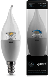 104201206-D Лампа Gauss LED Candle Tailed-dim Crystal Clear E14 6W 4100K диммируемая 1/10/50