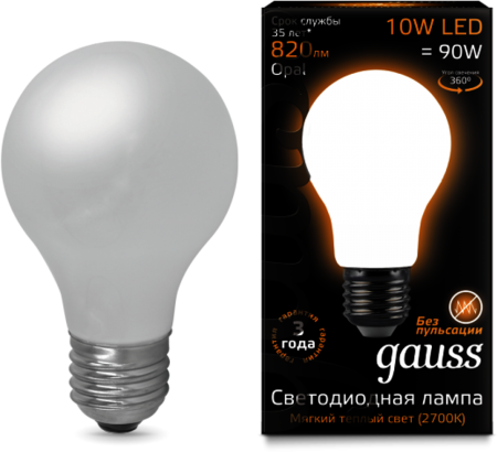 102202110 Лампа Gauss LED Filament A60 OPAL E27 10W 2700К 1/10/40