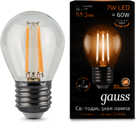 105802107 Лампа Gauss LED Filament Globe E27 7W 2700K 1/10/50