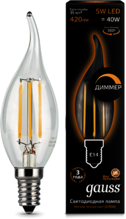 104801105-D Лампа Gauss LED Filament Candle tailed dimmable E14 5W 2700K 1/10/50