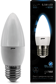 103102207 Лампа Gauss LED Candle E27 6.5W 4100К 1/10/50