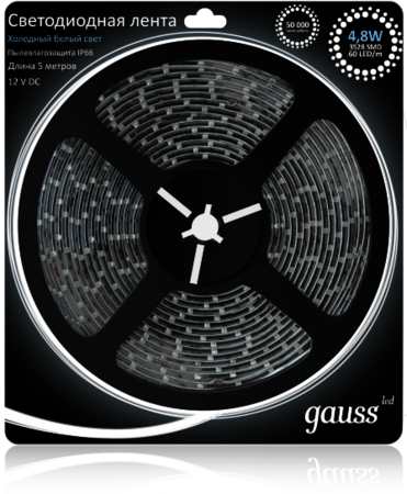 Gauss EB311000110 Лента LED 3528/120-SMD 9.6W  12V DC теплый белый IP66 (блистер 5м)