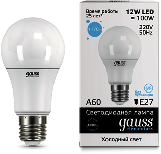 23232 Лампа Gauss LED Elementary A60 12W E27 6500K 1/10/50