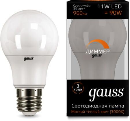 102502111-D Лампа Gauss LED A60-dim E27 11W 3000К диммируемая 1/10/50