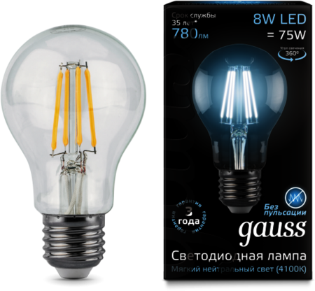 102802208 Лампа Gauss LED Filament A60 E27 8W 4100К 1/10/40