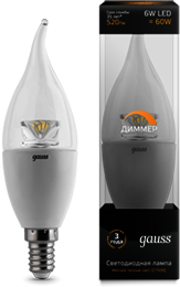 104201106-D Лампа Gauss LED Candle Tailed-dim Crystal Clear E14 6W 2700K диммируемая 1/10/50