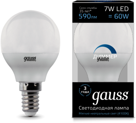 105101207-D Лампа Gauss LED Globe-dim E14 7W 4100К диммируемая 1/10/100