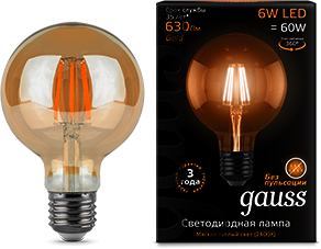 105802006 Лампа Gauss LED Filament G95 E27 6W Golden 2400K 1/20