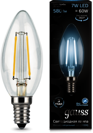 103801207 Лампа Gauss LED Filament Candle E14 7W 4100К 1/10/50