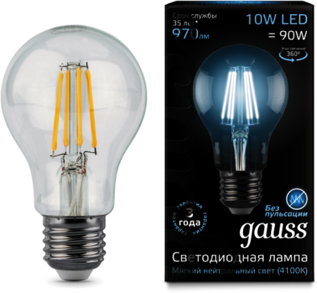 102802210 Лампа Gauss LED Filament A60 E27 10W 4100К 1/10/40
