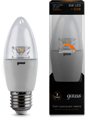 103202106-D Лампа Gauss LED Candle-dim Crystal Clear E27 6W 2700К диммируемая 1/10/50