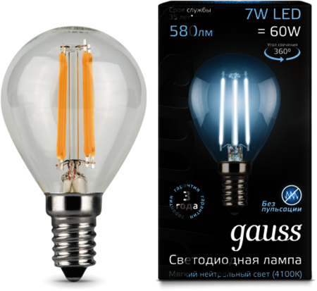 105801207 Лампа Gauss LED Filament Globe E14 7W 4100K 1/10/50
