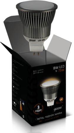 EB101105108 Лампа Gauss LED MR16 GU5.3 8W SMD AC220-240V 2700K  1/10/100