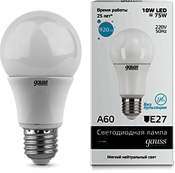 23220 Лампа Gauss LED Elementary A60 10W E27 4100K 1/10/50