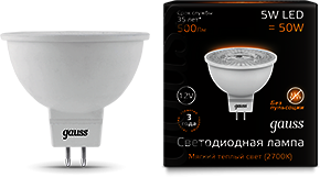 201505105 Лампа Gauss LED MR16 GU5.3 5W 12V 2700K 1/10/100