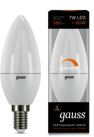 103101107-D Лампа Gauss LED Candle-dim E14 7W 3000К диммируемая 1/10/100