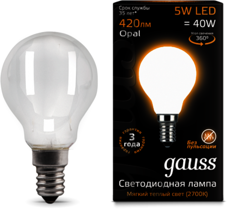 105201105 Лампа Gauss LED Filament Globe OPAL E14 5W 2700K 1/10/50