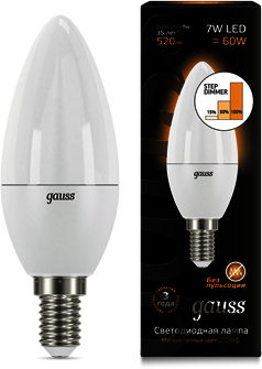 103101107-S Лампа Gauss LED Candle E14 7W 3000К step dimmable 1/10/100