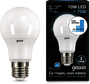 102502210-S Лампа Gauss LED A60 10W E27 4100K step dimmable 1/10/50