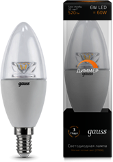103201106-D Лампа Gauss LED Candle-dim Crystal Clear E14 6W 2700К диммируемая 1/10/50