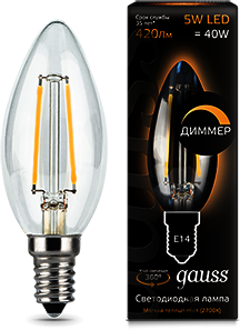 103801105-D Лампа Gauss LED Filament Candle dimmable E14 5W 2700К 1/10/50