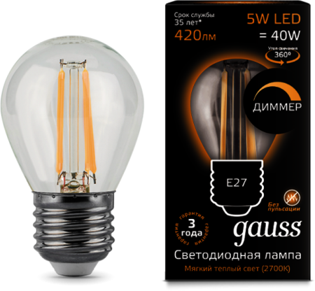 105802105-D Лампа Gauss LED Filament Globe dimmable E27 5W 2700K 1/10/50