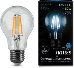 102802206 Лампа Gauss LED Filament A60 E27 6W 4100К 1/10/40