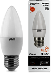 33216 Лампа Gauss LED Elementary Candle 6W E27 3000K 1/10/50