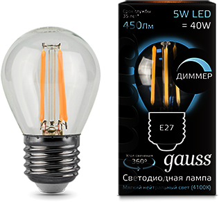 105802205-D Лампа Gauss LED Filament Globe dimmable E27 5W 4100K 1/10/50