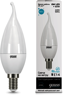 34126 Лампа Gauss LED Elementary Candle Tailed 6W E14 4100K 1/10/50