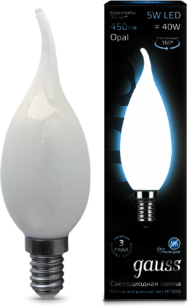 104201205 Лампа Gauss LED Filament Candle Tailed OPAL E14 5W 4100К 1/10/50