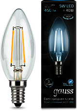 103801205 Лампа Gauss LED Filament Candle E14 5W 4100К 1/10/50