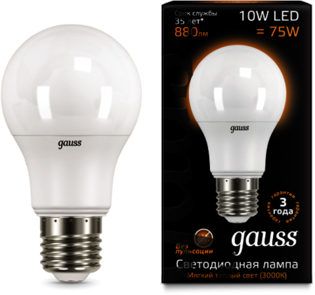 102502110 Лампа Gauss LED A60 10W E27 3000K 1/10/50