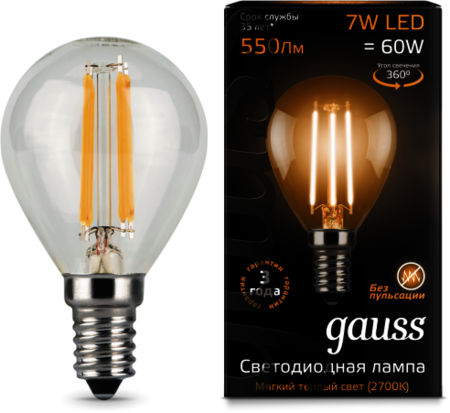 105801107 Лампа Gauss LED Filament Globe E14 7W 2700K 1/10/50