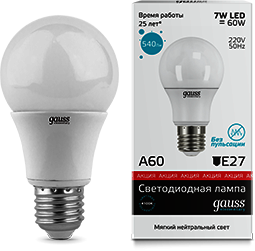 23227А Лампа Gauss LED Elementary A60 7W E27 4100K 1/10/100 акция