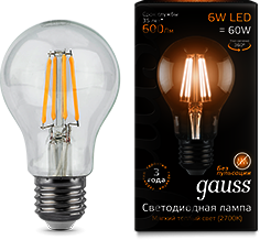 102802106 Лампа Gauss LED Filament A60 E27 6W 2700К 1/10/40