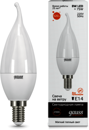 34118 Лампа Gauss LED Elementary Candle Tailed 8W E14 3000K 1/10/50