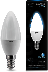 103101207 Лампа Gauss LED Candle E14 6.5W 4100К 1/10/50