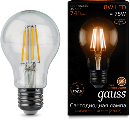 102802108 Лампа Gauss LED Filament A60 E27 8W 2700К 1/10/40