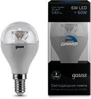 105201206-D Лампа Gauss LED Globe-dim Crystal Clear E14 6W 4100K диммируемая 1/10/50