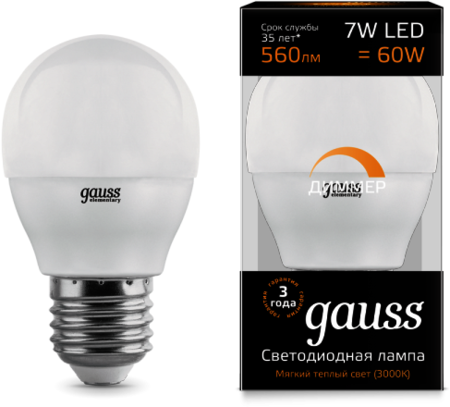 105102107-D Лампа Gauss LED Globe-dim E27 7W 3000К диммируемая 1/10/100